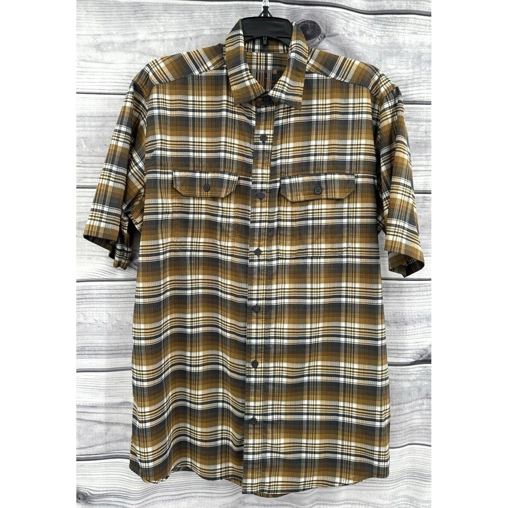 SWISS TECH SHORT SLEEVE BUTTON FRONT SHIRT Men's Size Medium BROWN PLAID